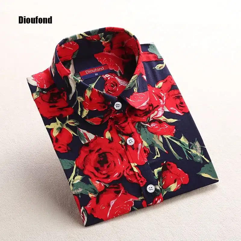 Dioufond Red Rose Shirt Print Women 2017 New Spring Cotton Long Sleeve Women Blouses Fashion Tops Blusas Femininas Plus Size 11