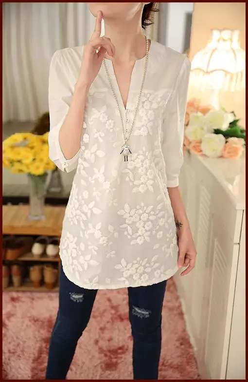 New V-neck Organza Embroidered Shirt White Lace Blouse Top Plus Size Summer Korean Women Blouse Flower Print Blouse 566F 25 22