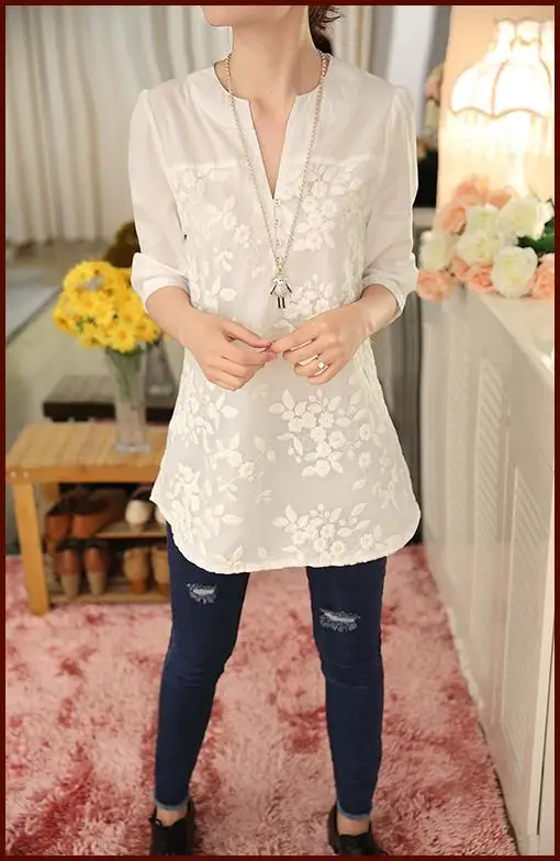 New V-neck Organza Embroidered Shirt White Lace Blouse Top Plus Size Summer Korean Women Blouse Flower Print Blouse 566F 25 23