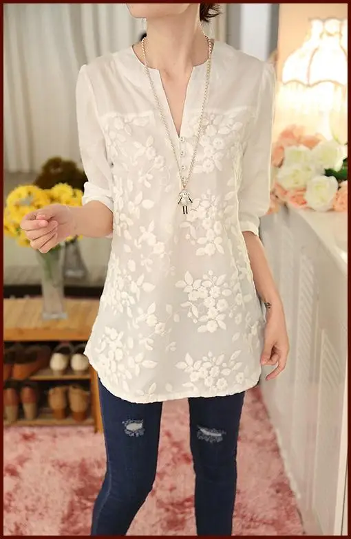 New V-neck Organza Embroidered Shirt White Lace Blouse Top Plus Size Summer Korean Women Blouse Flower Print Blouse 566F 25 24
