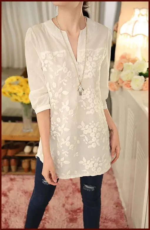 New V-neck Organza Embroidered Shirt White Lace Blouse Top Plus Size Summer Korean Women Blouse Flower Print Blouse 566F 25 25