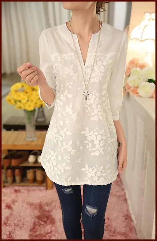 New V-neck Organza Embroidered Shirt White Lace Blouse Top Plus Size Summer Korean Women Blouse Flower Print Blouse 566F 25 26