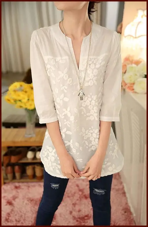 New V-neck Organza Embroidered Shirt White Lace Blouse Top Plus Size Summer Korean Women Blouse Flower Print Blouse 566F 25 27