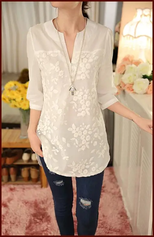 New V-neck Organza Embroidered Shirt White Lace Blouse Top Plus Size Summer Korean Women Blouse Flower Print Blouse 566F 25 28