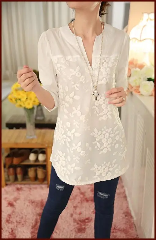 New V-neck Organza Embroidered Shirt White Lace Blouse Top Plus Size Summer Korean Women Blouse Flower Print Blouse 566F 25 29