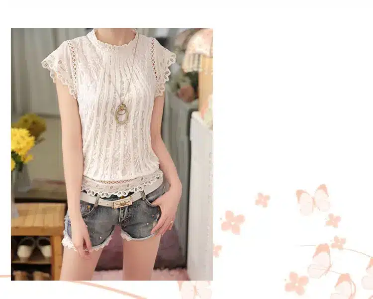 New 2016 Summer Fashion elegant solid Women Blouses Petal Sleeve Lace Chiffon O-neck Plus Size Shirt Tops 01C 35 25