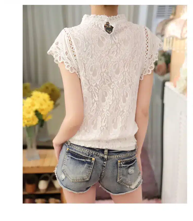 New 2016 Summer Fashion elegant solid Women Blouses Petal Sleeve Lace Chiffon O-neck Plus Size Shirt Tops 01C 35 29
