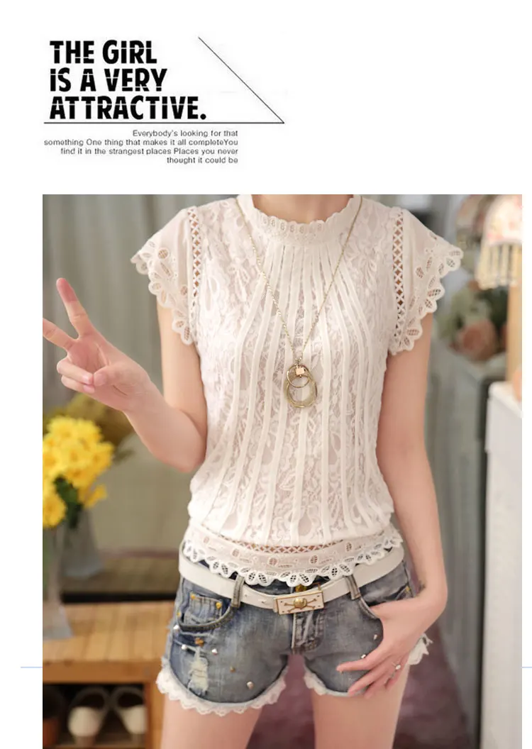 New 2016 Summer Fashion elegant solid Women Blouses Petal Sleeve Lace Chiffon O-neck Plus Size Shirt Tops 01C 35 30