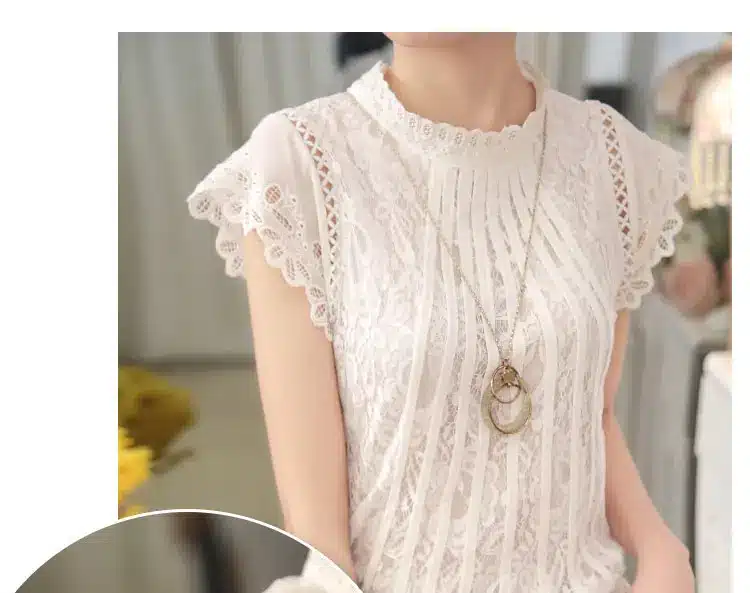 New 2016 Summer Fashion elegant solid Women Blouses Petal Sleeve Lace Chiffon O-neck Plus Size Shirt Tops 01C 35 32