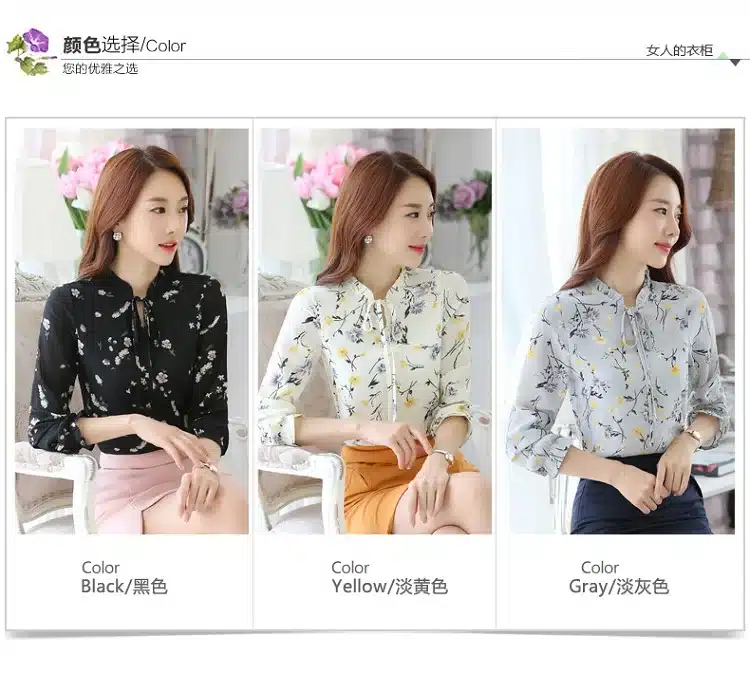 Blusas Women Tops Blouses Ladies Chiffon Long Sleeve Floral Shirt Women Slim Camisas Mujer Plus Size Chemise Femme White Black 11