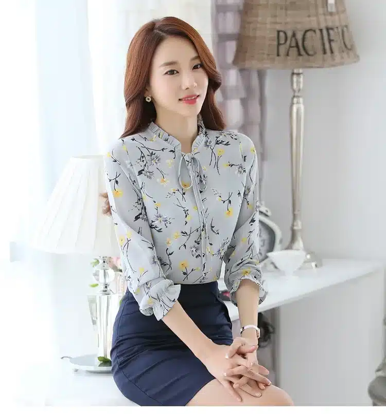 Blusas Women Tops Blouses Ladies Chiffon Long Sleeve Floral Shirt Women Slim Camisas Mujer Plus Size Chemise Femme White Black 12