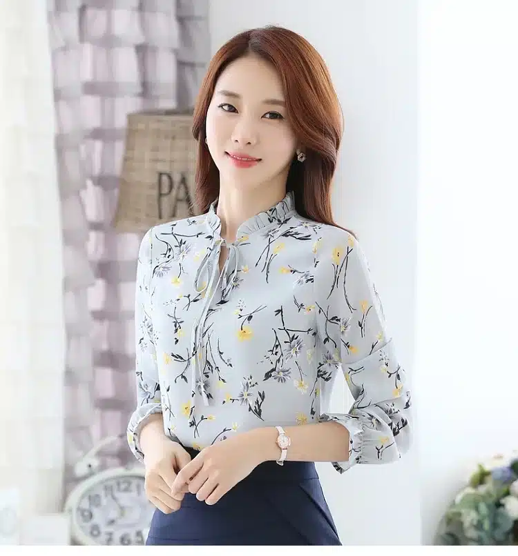 Blusas Women Tops Blouses Ladies Chiffon Long Sleeve Floral Shirt Women Slim Camisas Mujer Plus Size Chemise Femme White Black 13