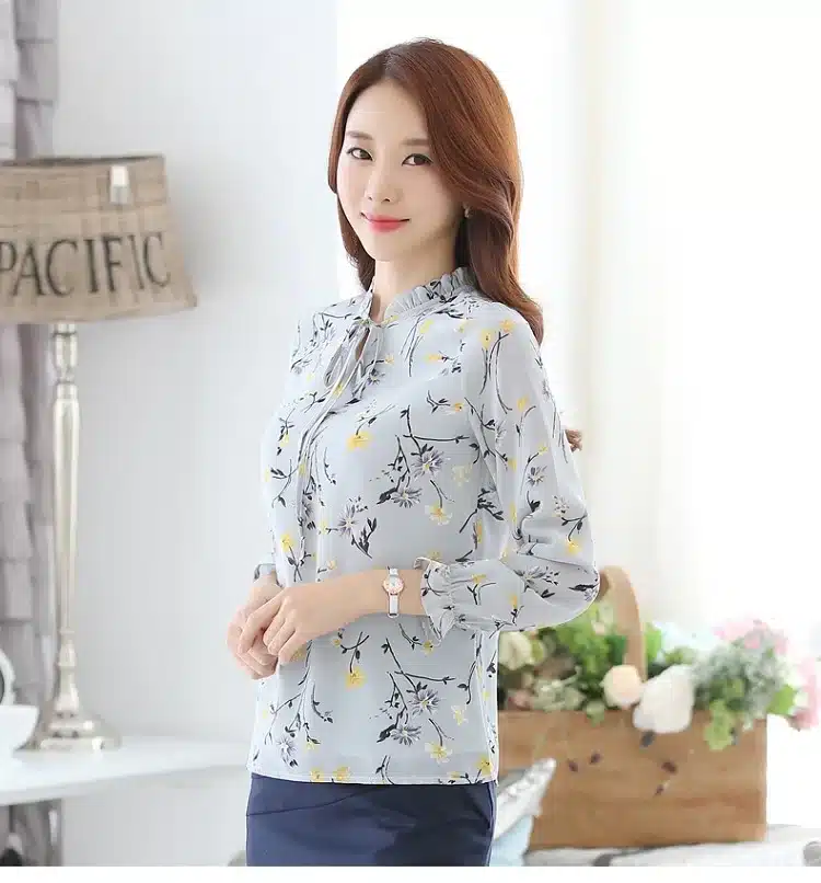 Blusas Women Tops Blouses Ladies Chiffon Long Sleeve Floral Shirt Women Slim Camisas Mujer Plus Size Chemise Femme White Black 14