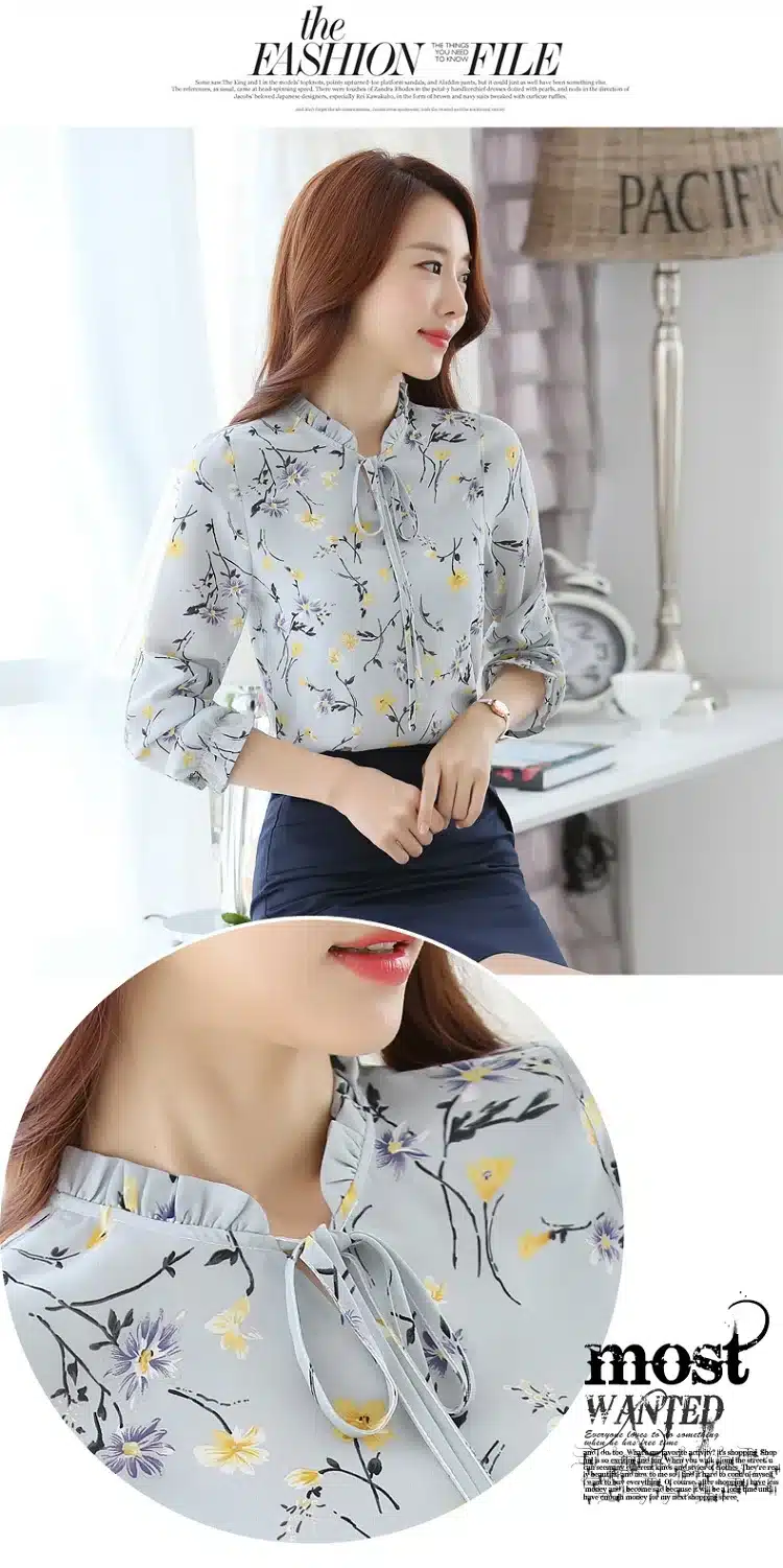 Blusas Women Tops Blouses Ladies Chiffon Long Sleeve Floral Shirt Women Slim Camisas Mujer Plus Size Chemise Femme White Black 15