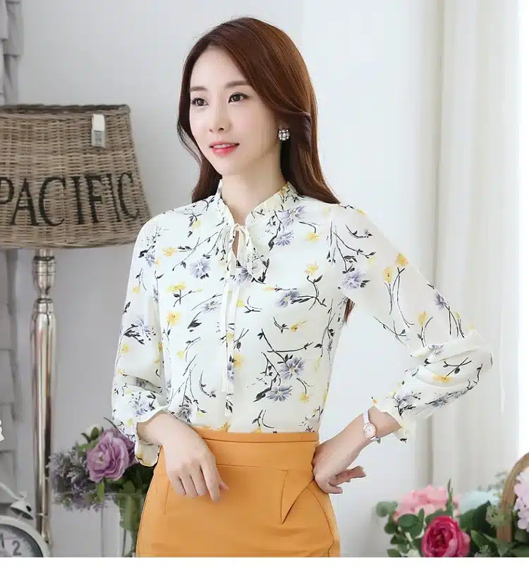 Blusas Women Tops Blouses Ladies Chiffon Long Sleeve Floral Shirt Women Slim Camisas Mujer Plus Size Chemise Femme White Black 22