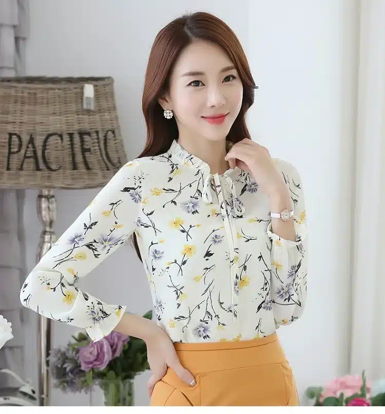 Blusas Women Tops Blouses Ladies Chiffon Long Sleeve Floral Shirt Women Slim Camisas Mujer Plus Size Chemise Femme White Black 23