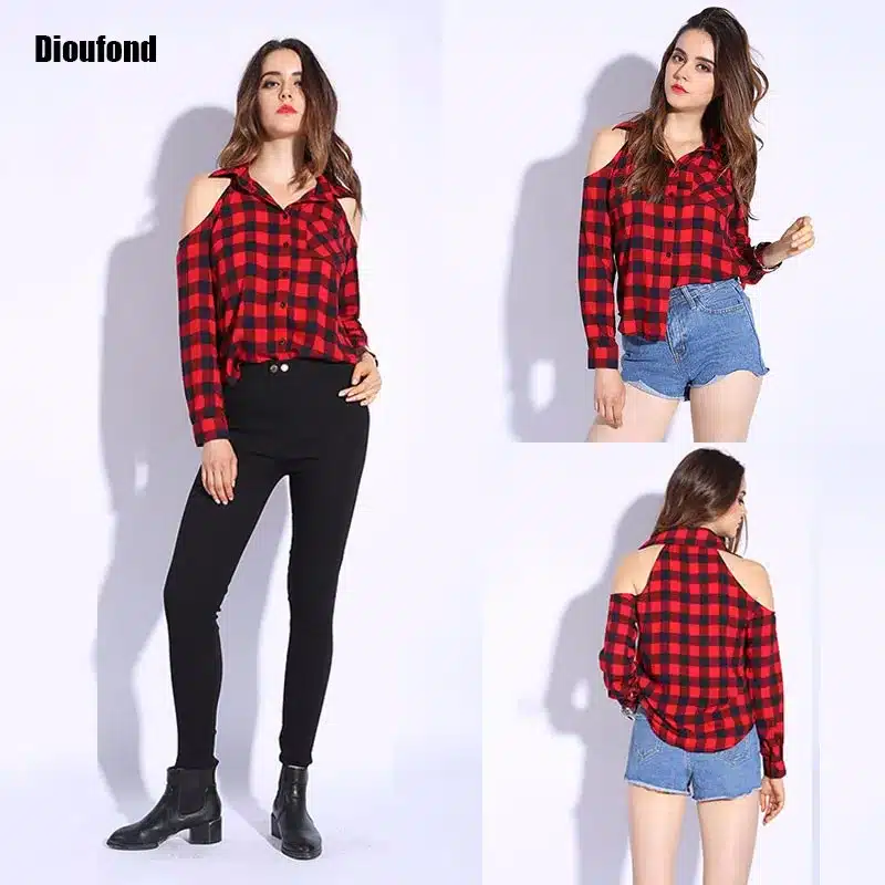 Dioufond Spring Red Plaid Off Shoulder Tops Shirts For Women Long Sleeve Blouse Sexy Blouses V Neck Women Tops Blusas Femininas 10