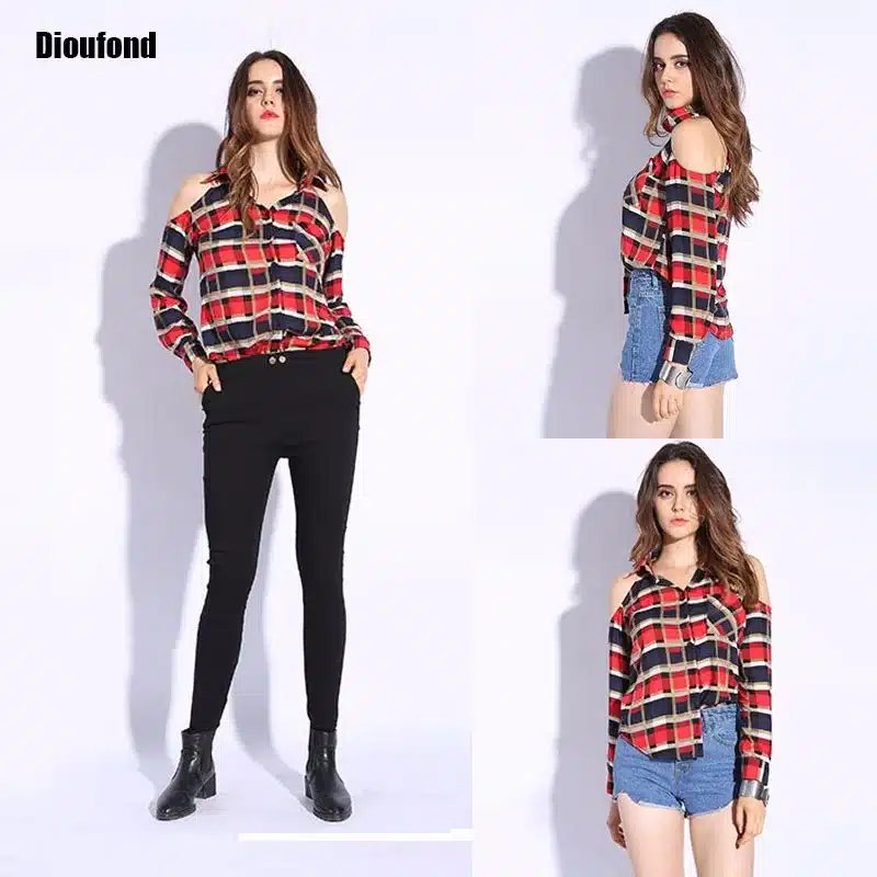 Dioufond Spring Red Plaid Off Shoulder Tops Shirts For Women Long Sleeve Blouse Sexy Blouses V Neck Women Tops Blusas Femininas 11