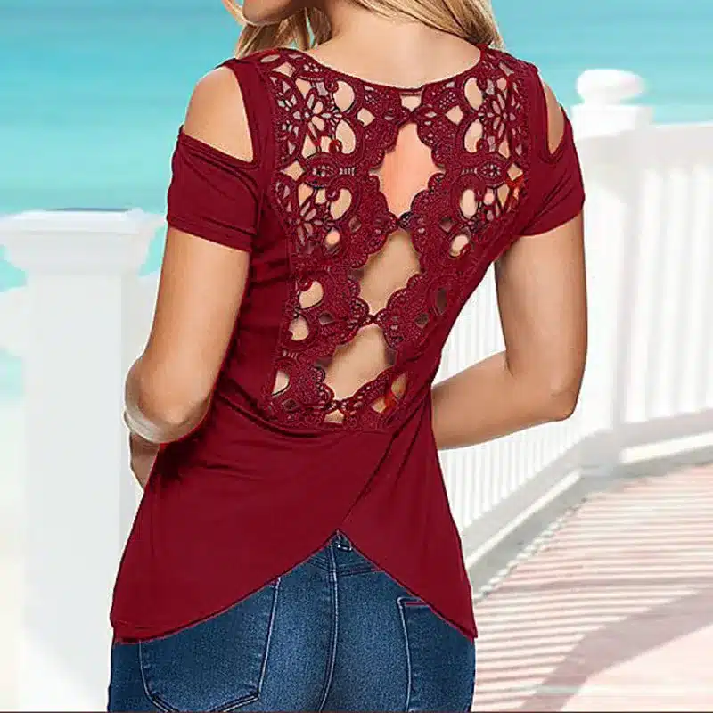 2018 Summer Sexy Blusas Retro Lace Short Sleeve Hollow Backless Off Shoulder Tee Tops Solid Blouse Shirt ZANZEA Women Plus Size 17
