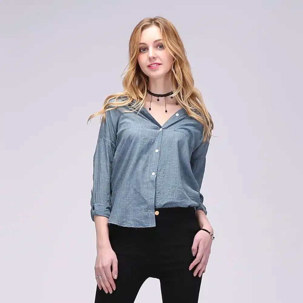 Dioufond Women Korean Style Shirts Fashion V-Neck Blouse Casual Cotton Shirt Ladies Pocket Tops Female Blusas Femininas 11