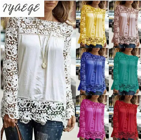 5XL Women Plus Sizes Chiffon Lace Blouse Shirts Long Sleeve Sexy Top Tees Solid Autumn Femme Blusas Crochet Women's Blouses 6XL 3