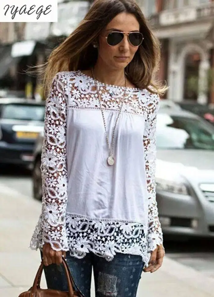 5XL Women Plus Sizes Chiffon Lace Blouse Shirts Long Sleeve Sexy Top Tees Solid Autumn Femme Blusas Crochet Women's Blouses 6XL 4