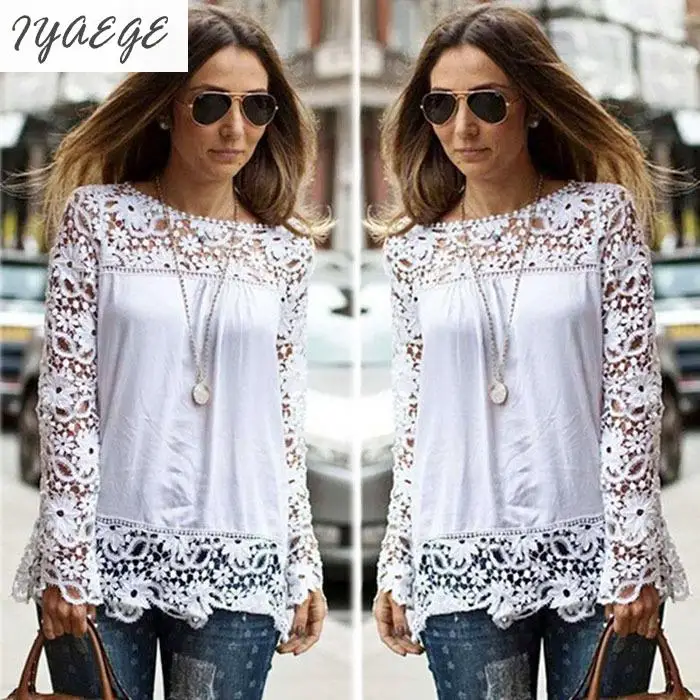 5XL Women Plus Sizes Chiffon Lace Blouse Shirts Long Sleeve Sexy Top Tees Solid Autumn Femme Blusas Crochet Women's Blouses 6XL 5