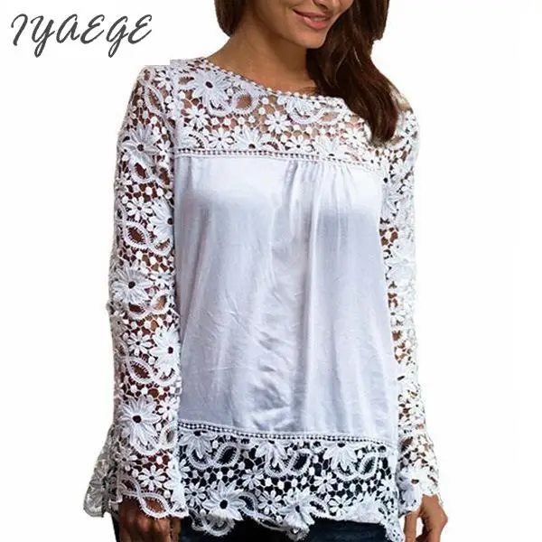 5XL Women Plus Sizes Chiffon Lace Blouse Shirts Long Sleeve Sexy Top Tees Solid Autumn Femme Blusas Crochet Women's Blouses 6XL 6