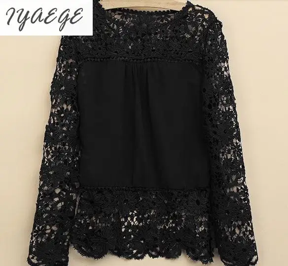 5XL Women Plus Sizes Chiffon Lace Blouse Shirts Long Sleeve Sexy Top Tees Solid Autumn Femme Blusas Crochet Women's Blouses 6XL 15