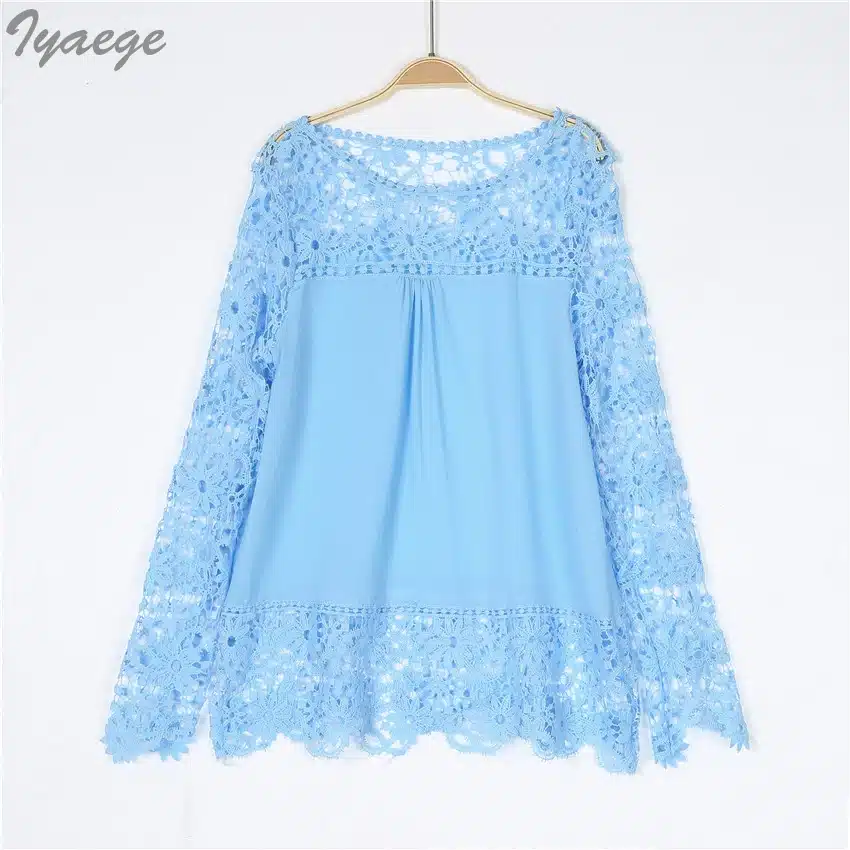 5XL Women Plus Sizes Chiffon Lace Blouse Shirts Long Sleeve Sexy Top Tees Solid Autumn Femme Blusas Crochet Women's Blouses 6XL 21
