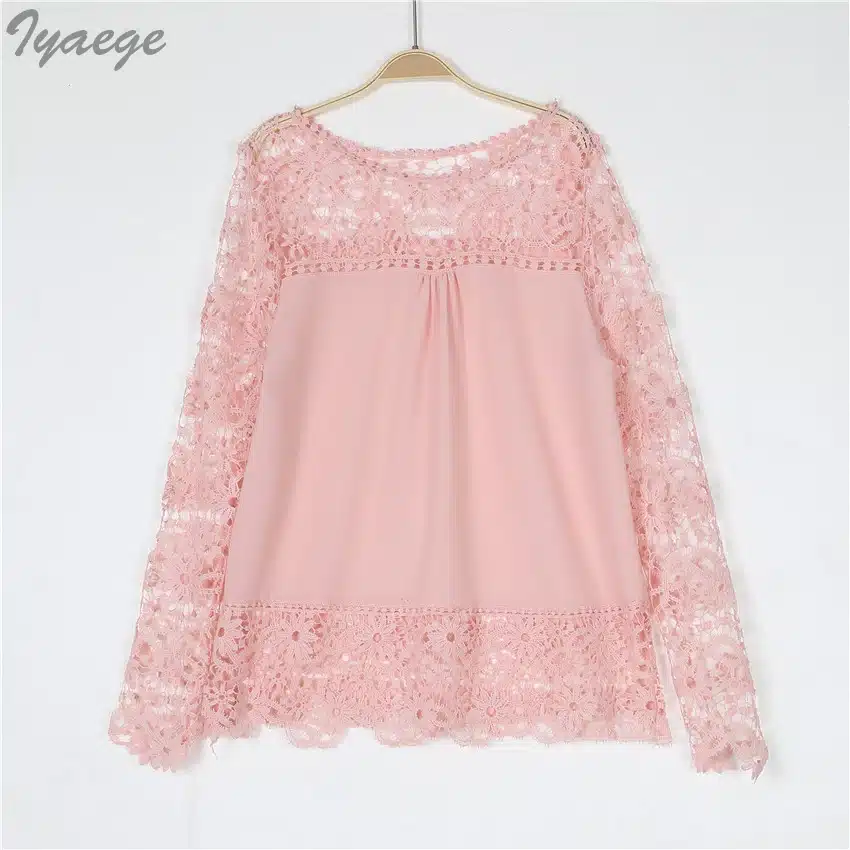 5XL Women Plus Sizes Chiffon Lace Blouse Shirts Long Sleeve Sexy Top Tees Solid Autumn Femme Blusas Crochet Women's Blouses 6XL 22