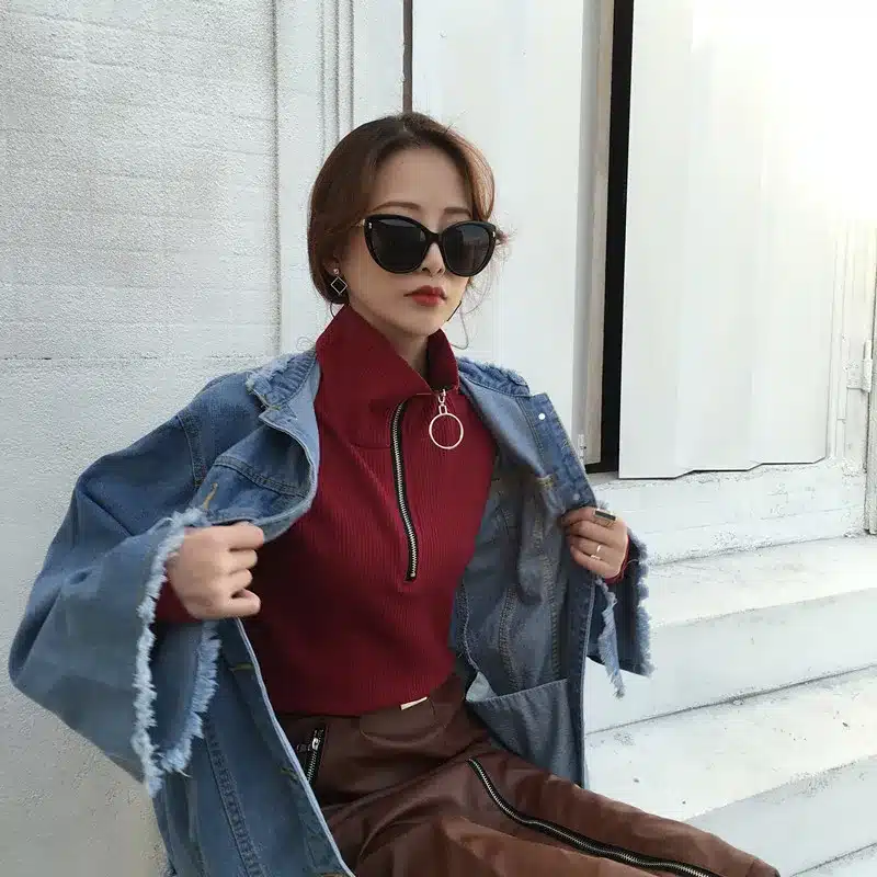Harajuku Vintage Circle Ring Long Sleeve Tee Turtleneck Zipper Knitted Pullover 121116 21
