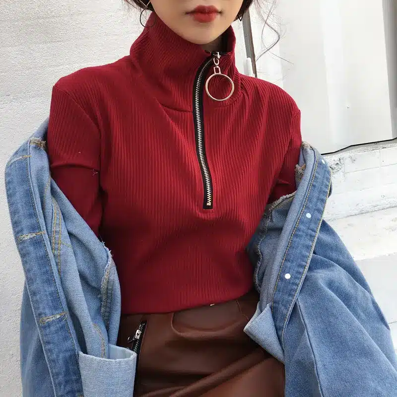 Harajuku Vintage Circle Ring Long Sleeve Tee Turtleneck Zipper Knitted Pullover 121116 22