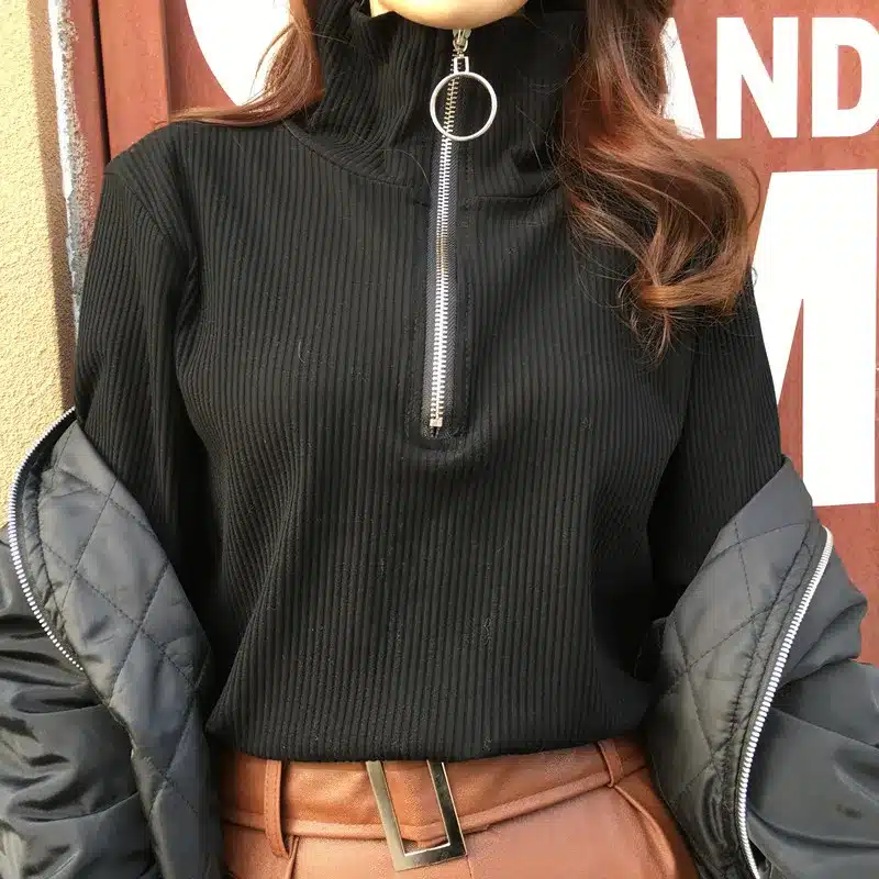 Harajuku Vintage Circle Ring Long Sleeve Tee Turtleneck Zipper Knitted Pullover 121116 26