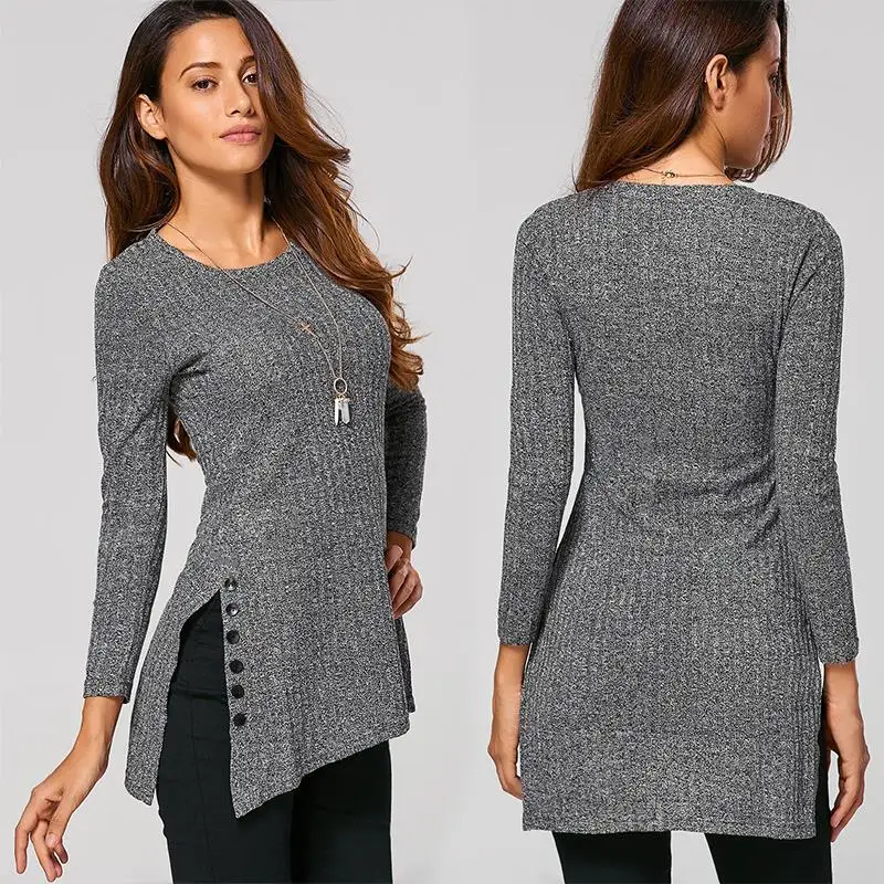 New Arrival Sweater For Women Winter O-Neck Long Sleeve Side Button Irregular Hem Solid Long Sweaters WS469C 10