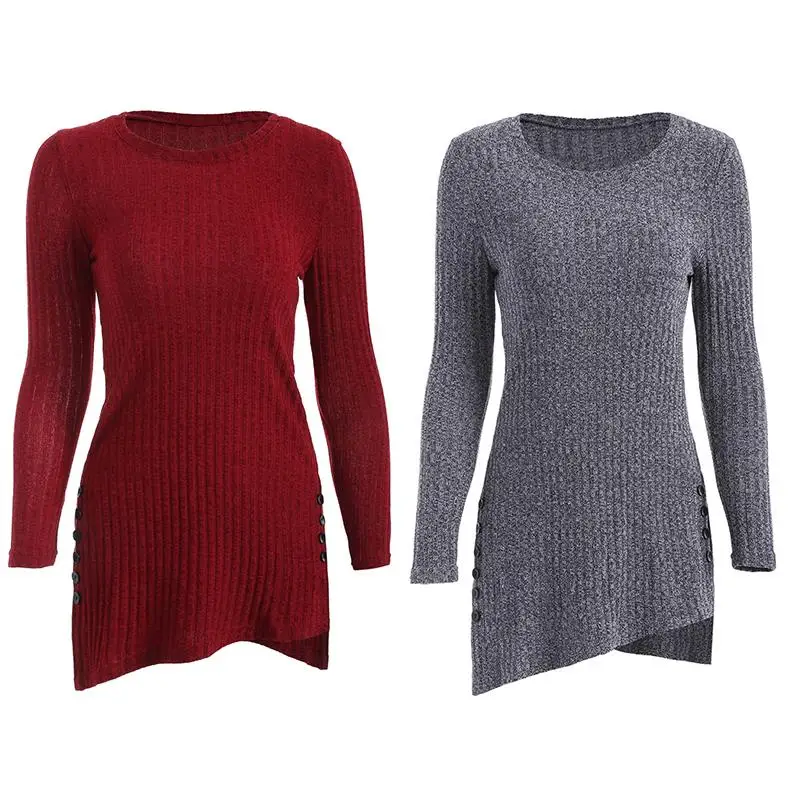 New Arrival Sweater For Women Winter O-Neck Long Sleeve Side Button Irregular Hem Solid Long Sweaters WS469C 11