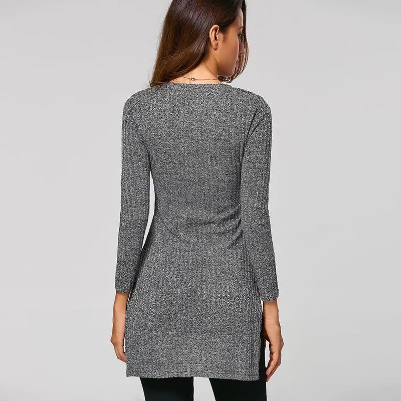 New Arrival Sweater For Women Winter O-Neck Long Sleeve Side Button Irregular Hem Solid Long Sweaters WS469C 12