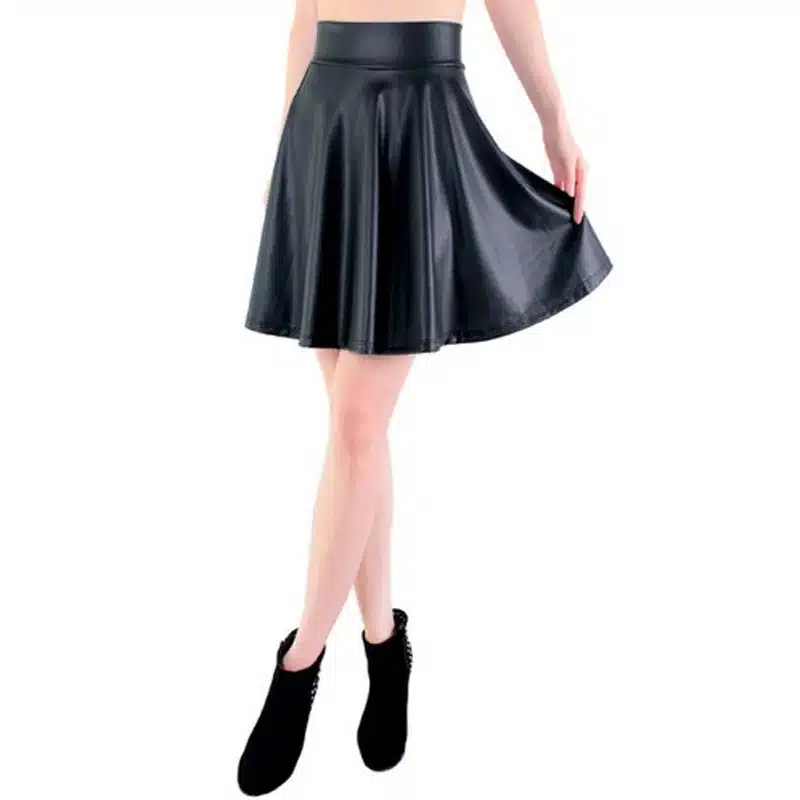free shipping new high waist faux leather skater flare skirt casual mini skirt above knee solid color black skirt S/M/L/XL 10