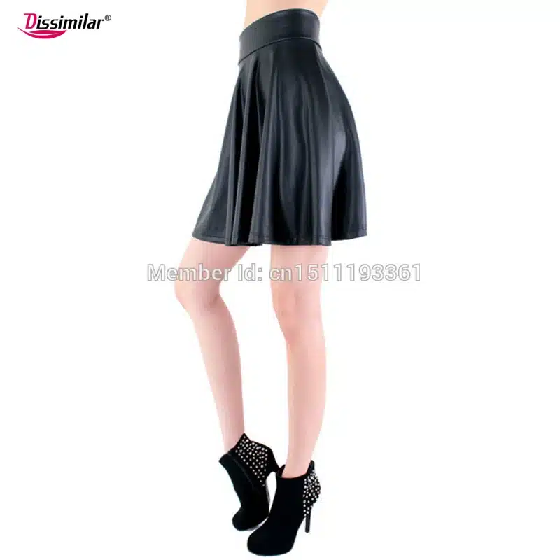 free shipping new high waist faux leather skater flare skirt casual mini skirt above knee solid color black skirt S/M/L/XL 11