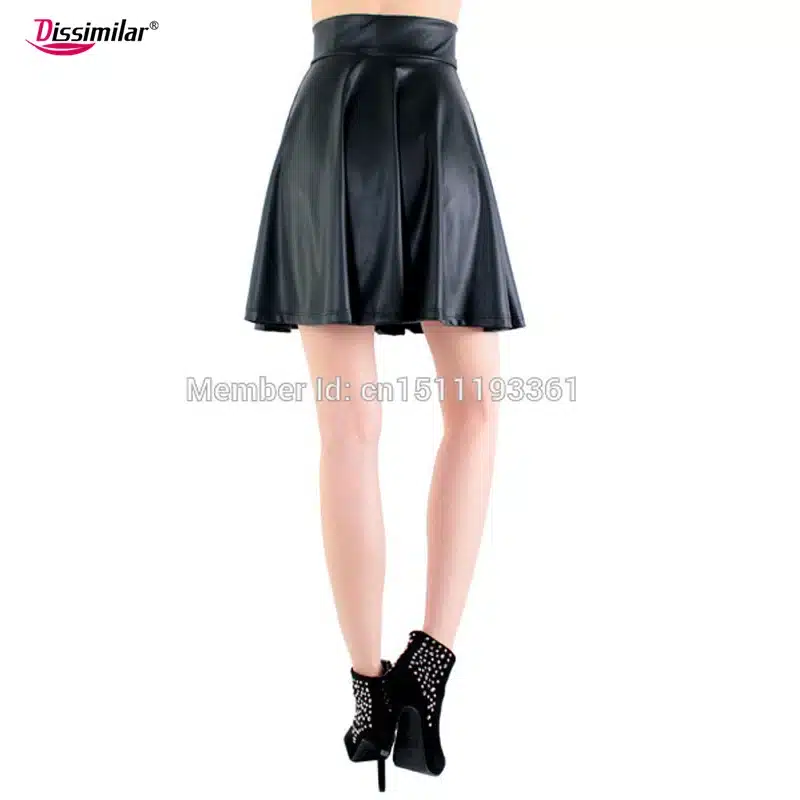 free shipping new high waist faux leather skater flare skirt casual mini skirt above knee solid color black skirt S/M/L/XL 12