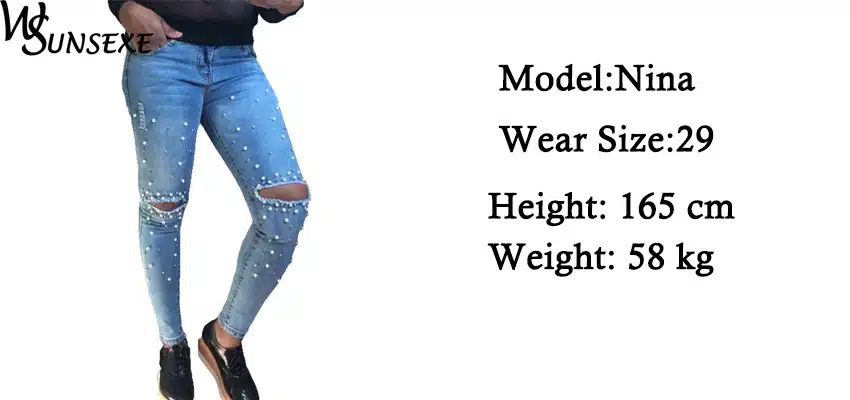 Knee Hole Ripped Jeans Women Stretch Denim Pencil Pants Casual Slim Fit Rivet Pearl Jeans Summer Long Trousers Low Waist Cowboy 8