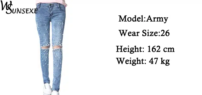 Knee Hole Ripped Jeans Women Stretch Denim Pencil Pants Casual Slim Fit Rivet Pearl Jeans Summer Long Trousers Low Waist Cowboy 9
