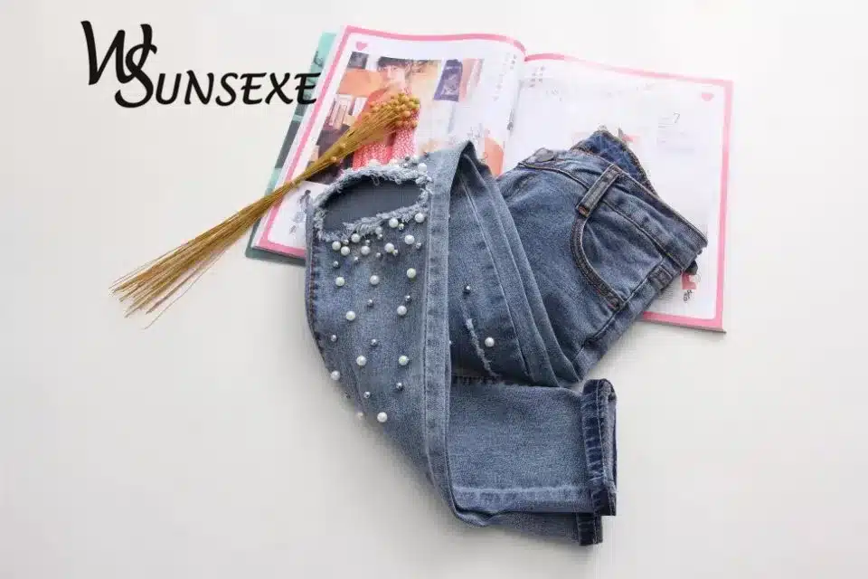 Knee Hole Ripped Jeans Women Stretch Denim Pencil Pants Casual Slim Fit Rivet Pearl Jeans Summer Long Trousers Low Waist Cowboy 11