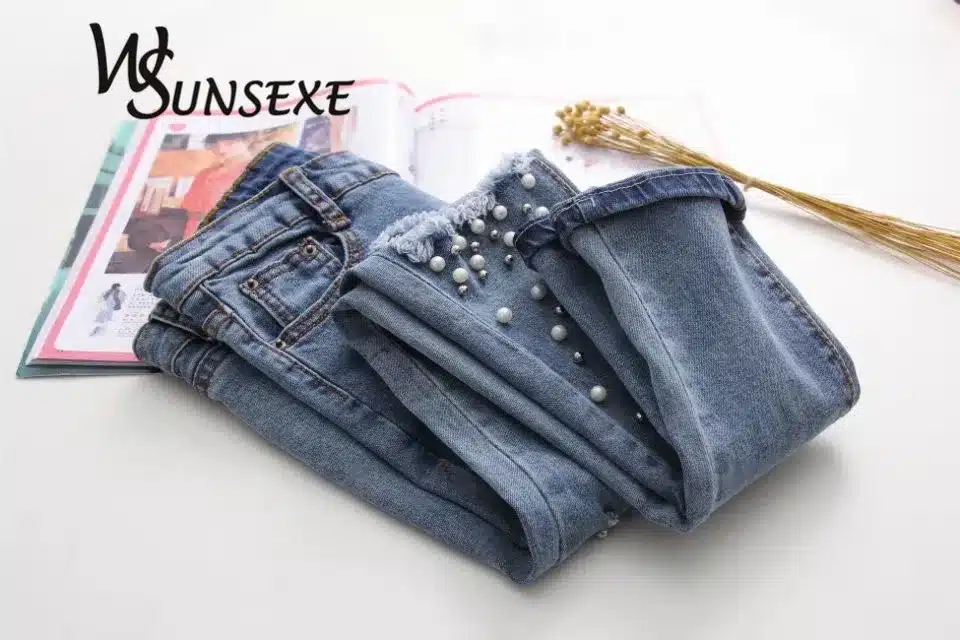 Knee Hole Ripped Jeans Women Stretch Denim Pencil Pants Casual Slim Fit Rivet Pearl Jeans Summer Long Trousers Low Waist Cowboy 12