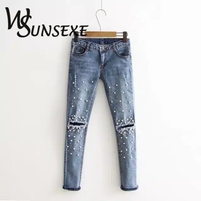 Knee Hole Ripped Jeans Women Stretch Denim Pencil Pants Casual Slim Fit Rivet Pearl Jeans Summer Long Trousers Low Waist Cowboy 13