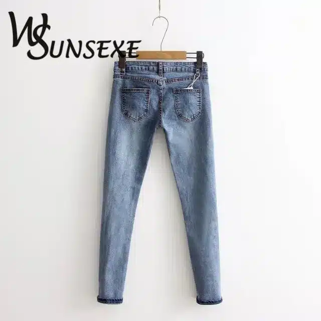 Knee Hole Ripped Jeans Women Stretch Denim Pencil Pants Casual Slim Fit Rivet Pearl Jeans Summer Long Trousers Low Waist Cowboy 14