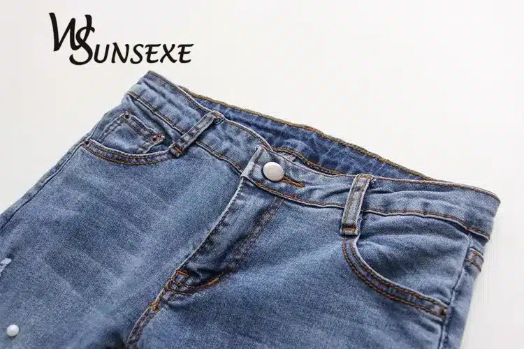 Knee Hole Ripped Jeans Women Stretch Denim Pencil Pants Casual Slim Fit Rivet Pearl Jeans Summer Long Trousers Low Waist Cowboy 15