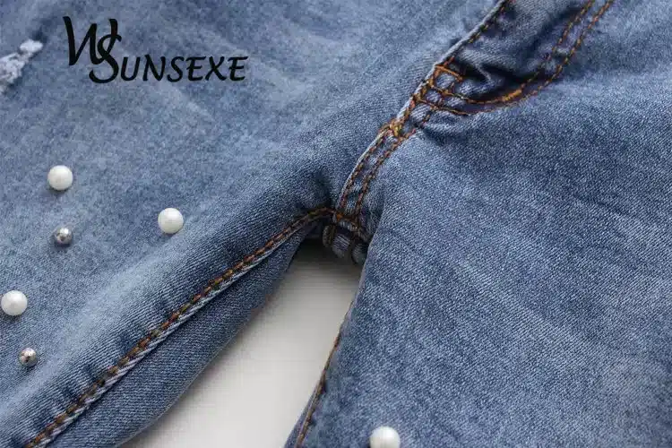 Knee Hole Ripped Jeans Women Stretch Denim Pencil Pants Casual Slim Fit Rivet Pearl Jeans Summer Long Trousers Low Waist Cowboy 20