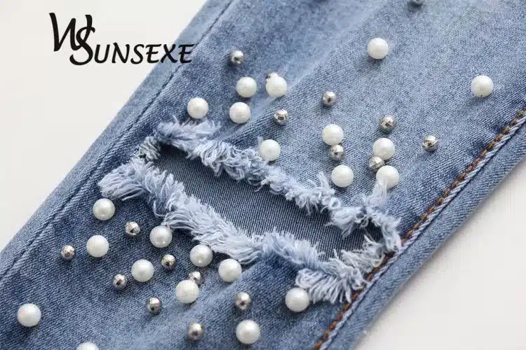 Knee Hole Ripped Jeans Women Stretch Denim Pencil Pants Casual Slim Fit Rivet Pearl Jeans Summer Long Trousers Low Waist Cowboy 22