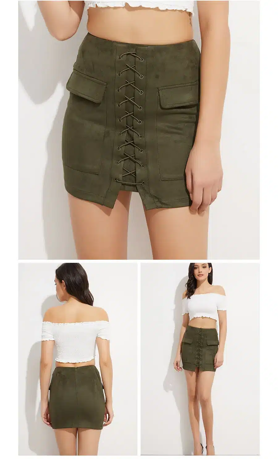 Colysmo Vintage High Waist External Pocket Tight Suede Lace Up Skirt Thick Women's Autumn Winter Pencil Skirt Preppy Mini Skirt 5